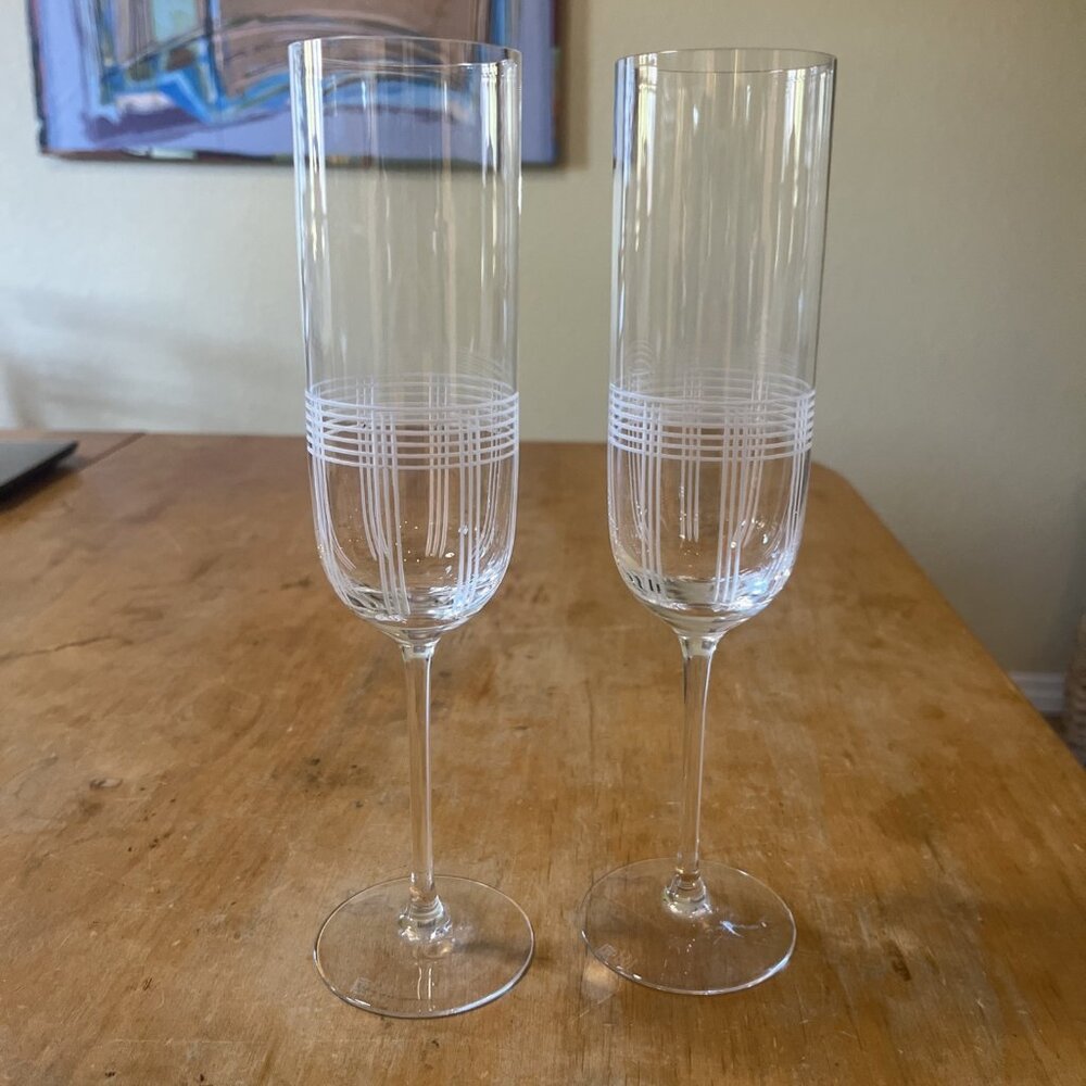 2 Etched Plaid Crystal Flute Glass Signed Like The Ralph Lauren Randolph Design